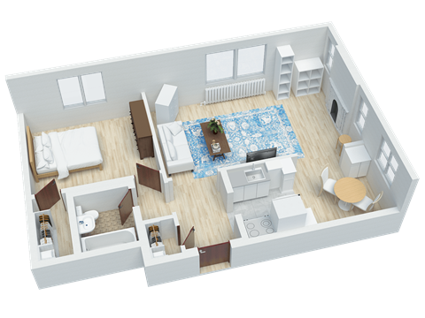 Floor plan for 1 bed, 1 bath, 614 sqft